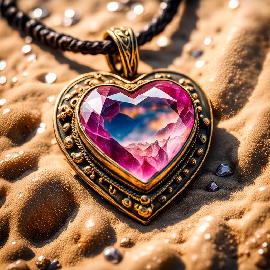 Golden Necklace with Gemstone on Beach: Impasto Painting