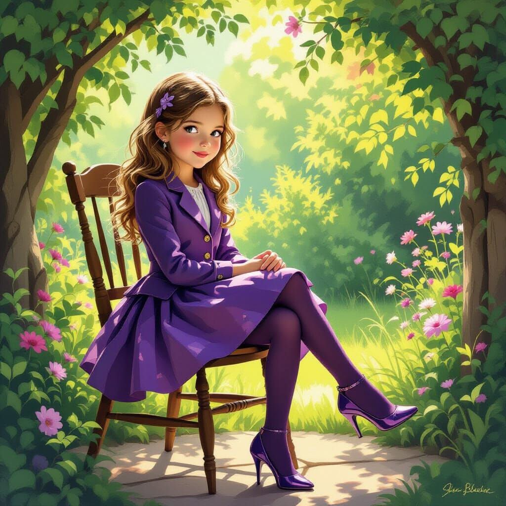 Girl in Purple Skirt Suit Sits on Rustic Chair