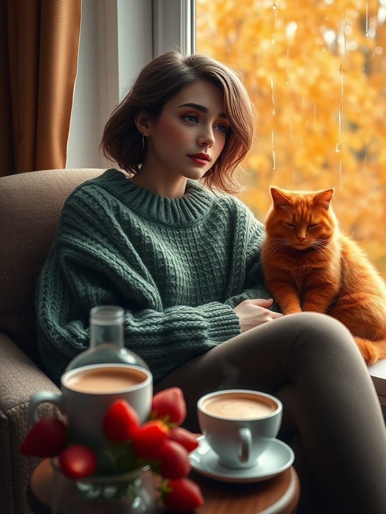 Woman by Window with Cat, Coffee, and Autumn View