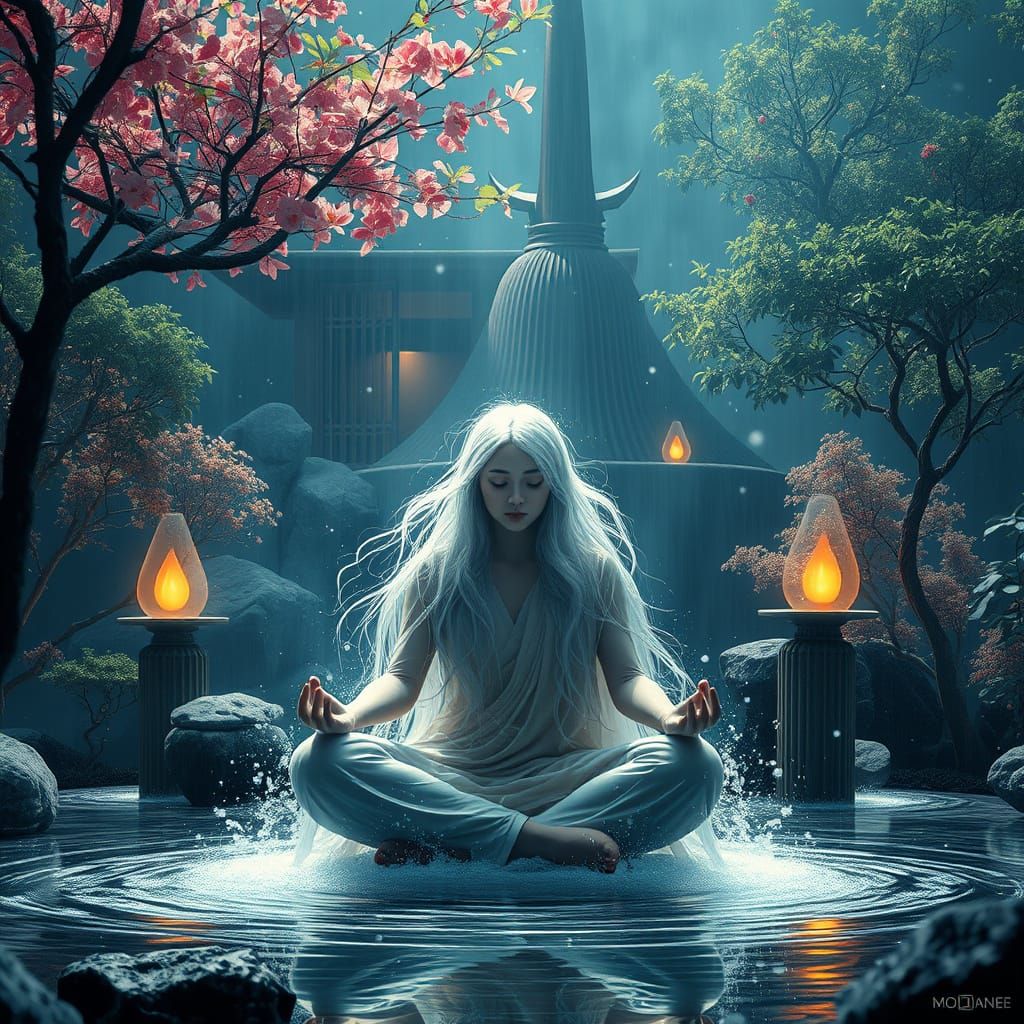 Ethereal Silver-Haired Woman Meditating in Zen Garden