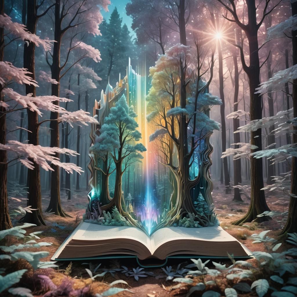 Surreal Forest Emerging from Book in Tesseract