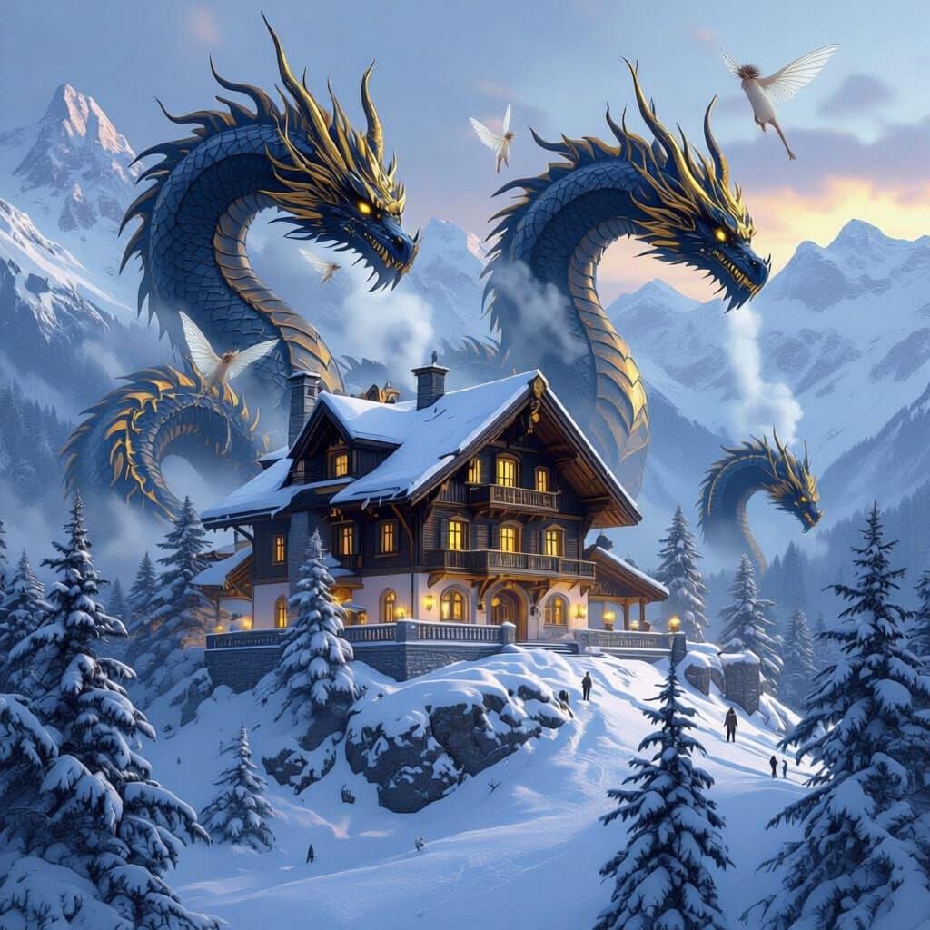 Swiss Chalet Amidst Snowy Peaks With Golden Armored Dragons
