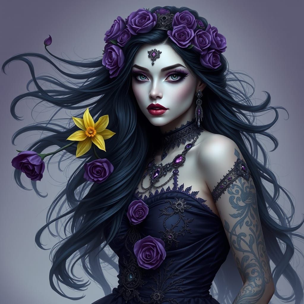 A mystical woman with long, flowing black hair adorned with ...