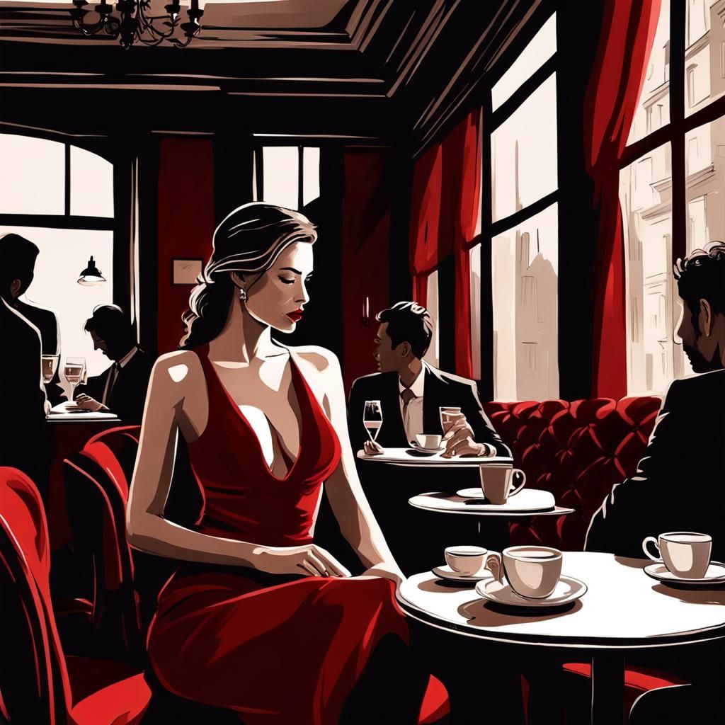 Elegant Woman in Red Dress at Parisian Café