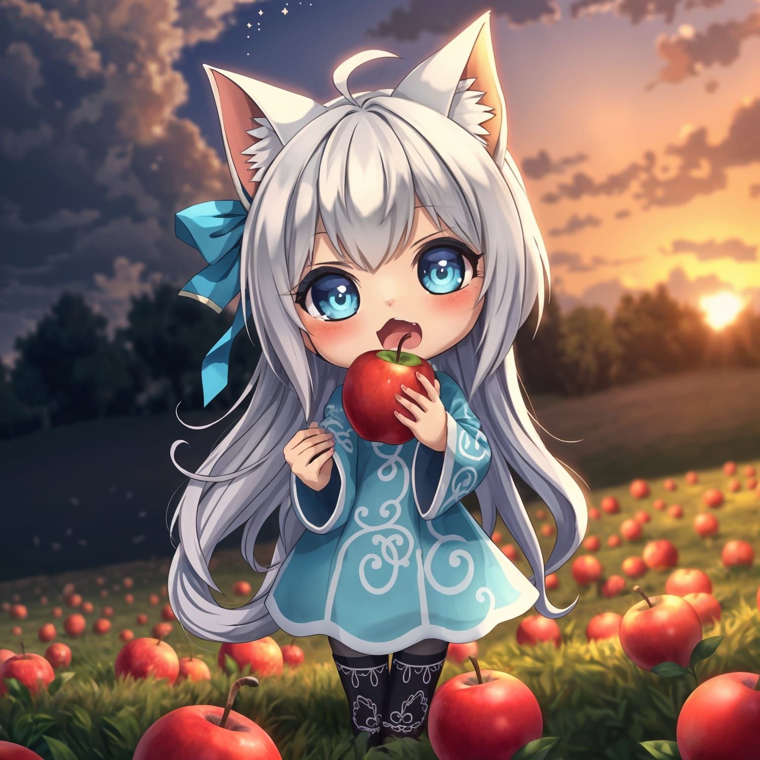 Adorable Anime Catgirl Bites into Apple in Sunset Apple Fiel...