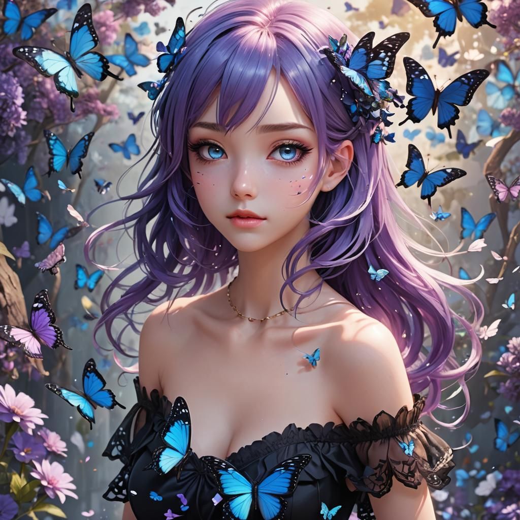 Anime Girl with Butterflies in Vibrant Digital Art