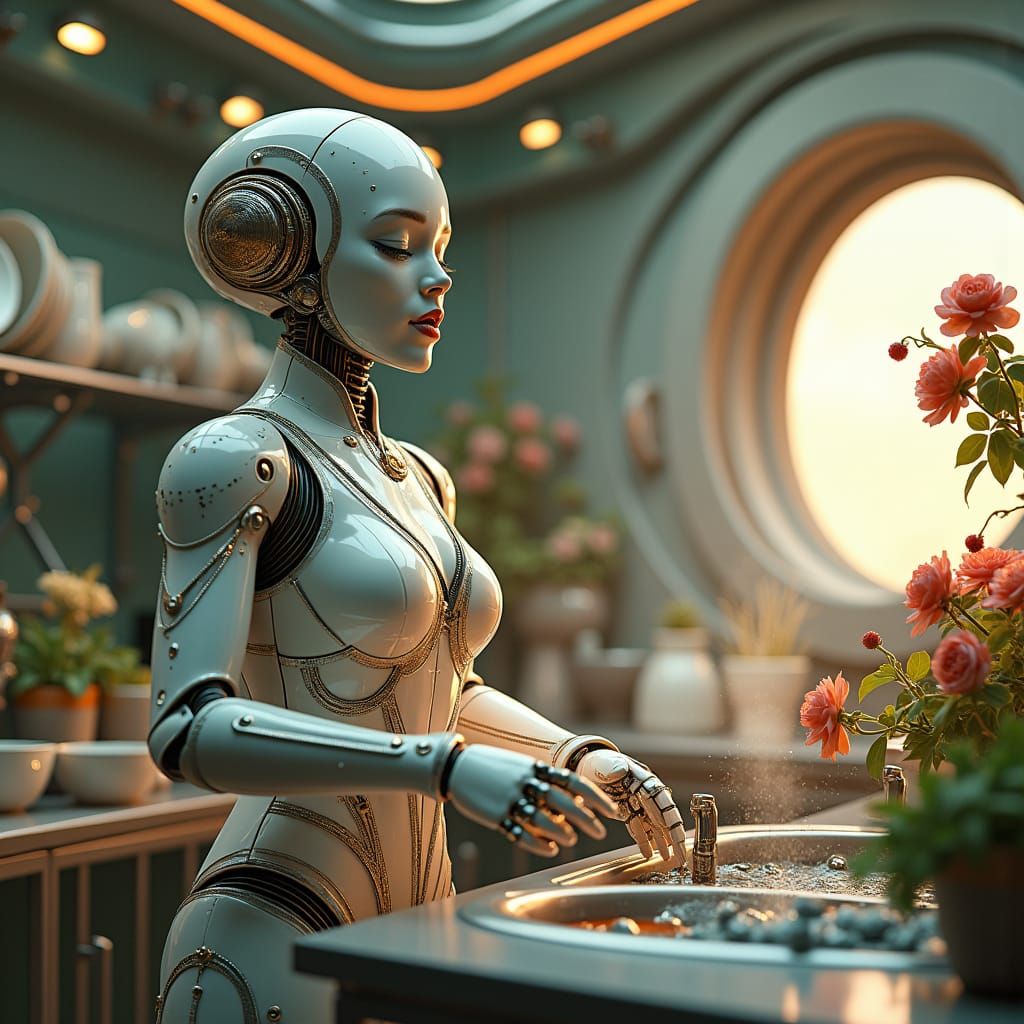 Futuristic Robot Lawyer Singing Opera in Spaceship Kitchen