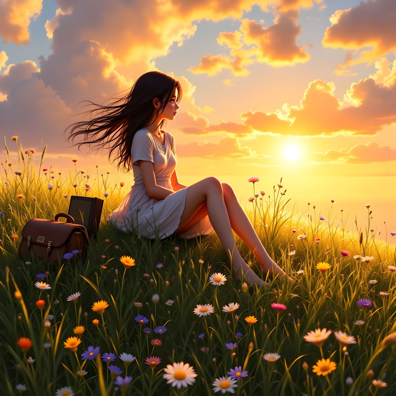 Girl Gazing at Sunset in Anime Style