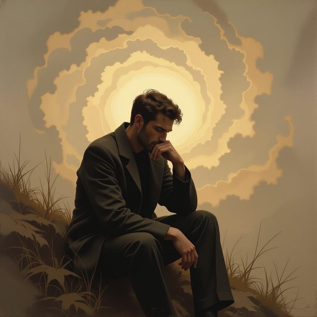 Introspective Man Surrounded by Swirling Ideas