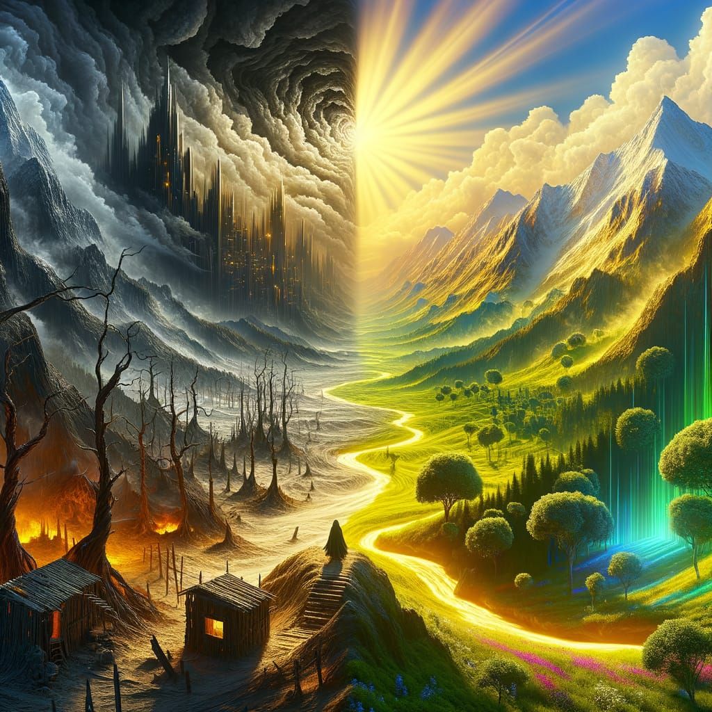 Dual Worlds Landscape: Dark Valley Meets Sunlit City
