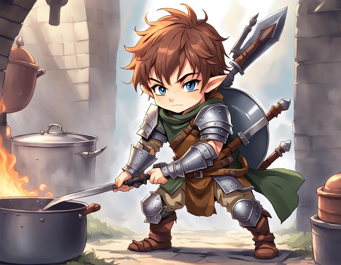 Anime Halfling Fighter with Cookware Armor