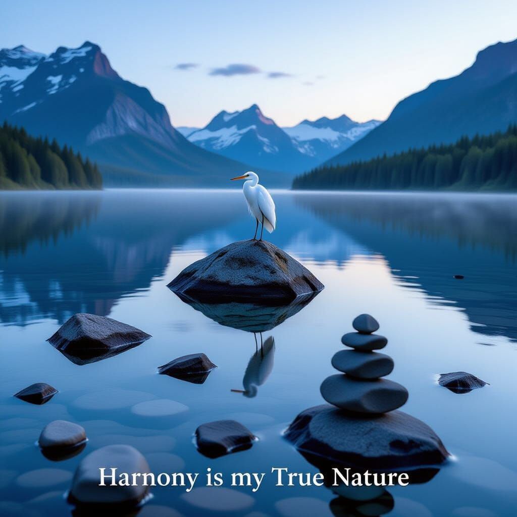 Hyperrealistic Serene Lake with Heron at Pre-Dawn