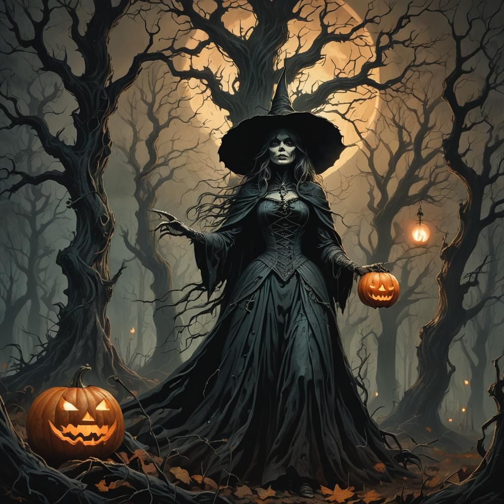 Mystical Witch in Forest, Dark Fantasy Illustration