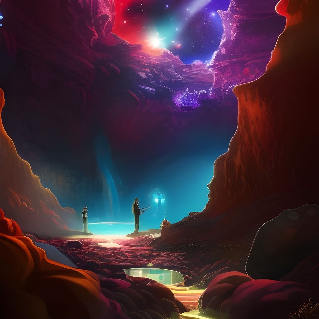 Inside a cave with an opening in the ceiling to the night sky