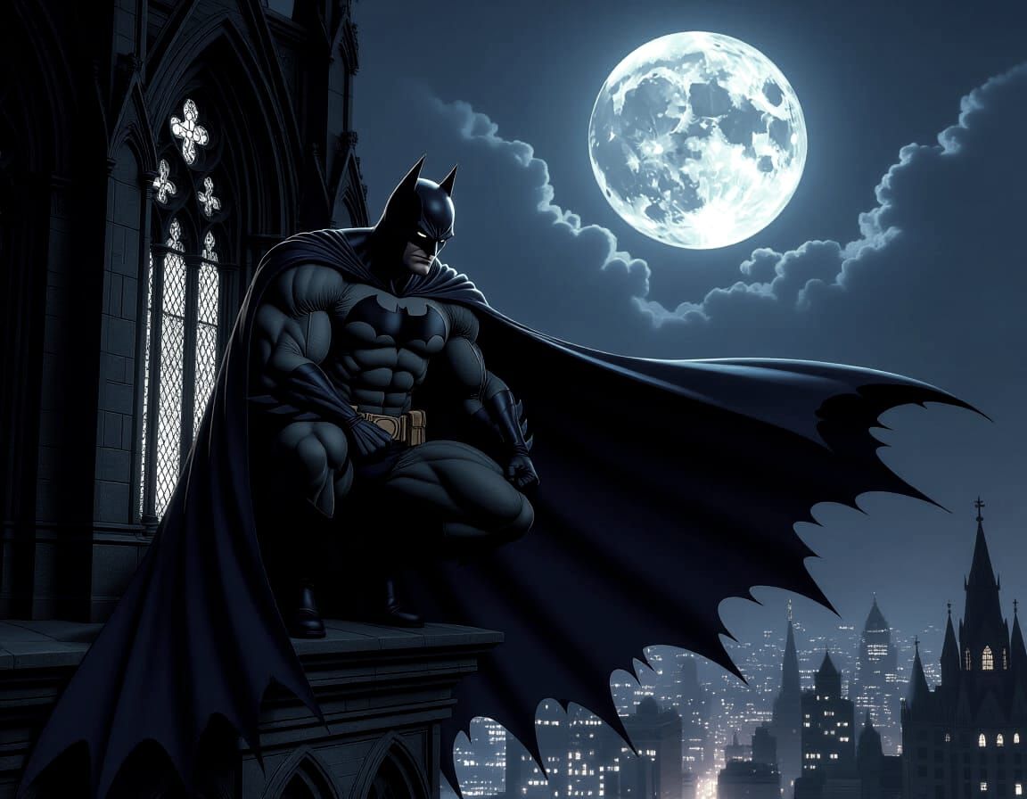 Batman Crouching on Gotham Church with Gargoyle