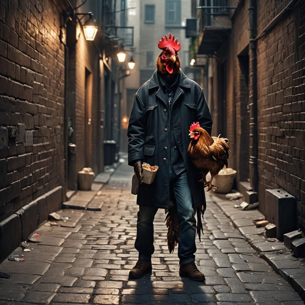 Man with Chicken Head in Dimly Lit Alleyway