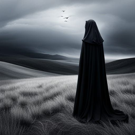 Mourning Figure Visits Windswept Hills