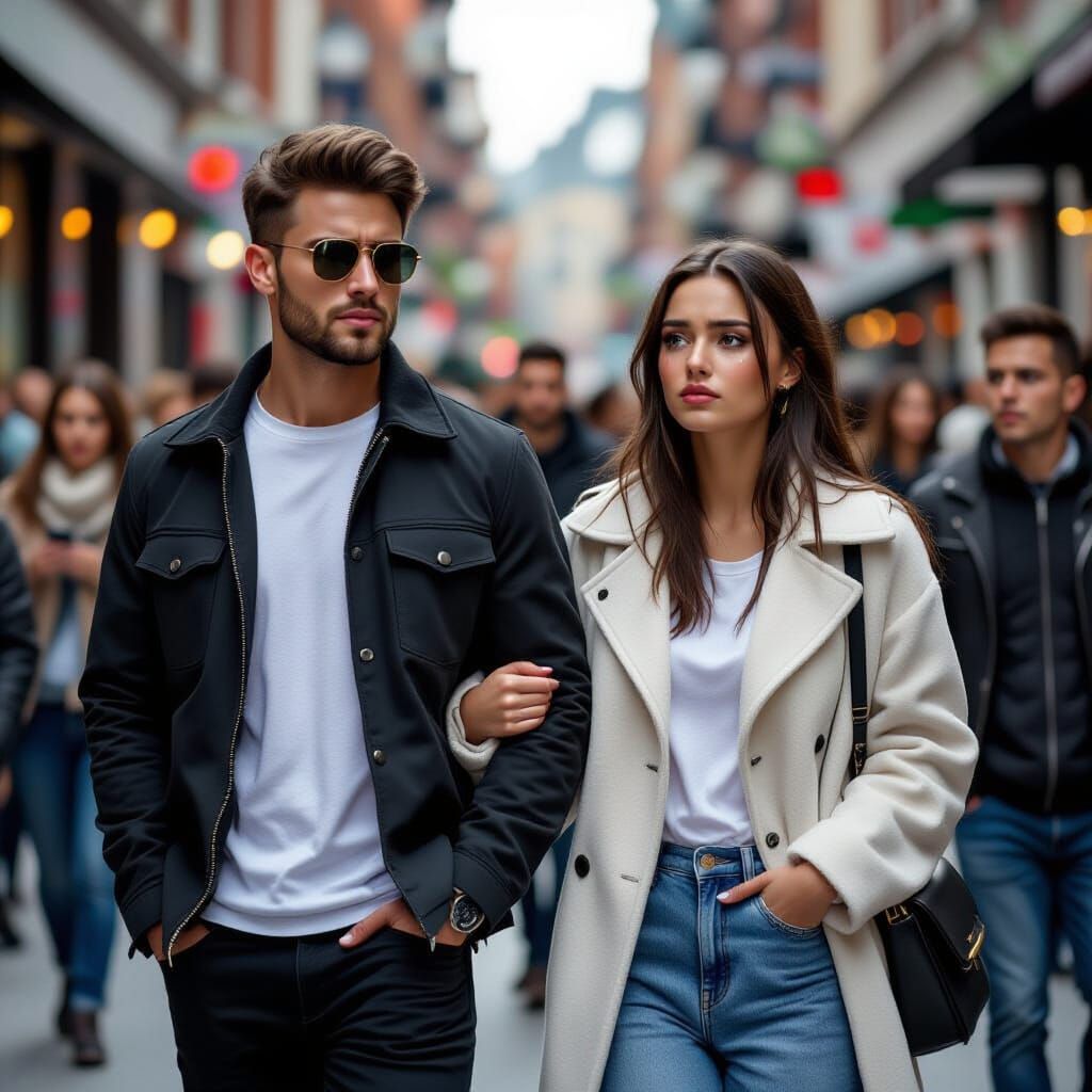 Sad Lovers Walking on Crowded Sidewalk in 4K