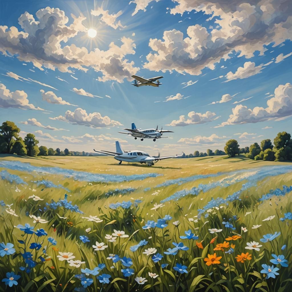Plane Flies Over Sunny Meadow as Impressionist Oil Painting