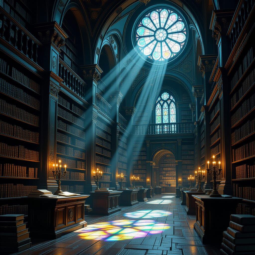 Vast Forgotten Library in Ethereal Moonlight