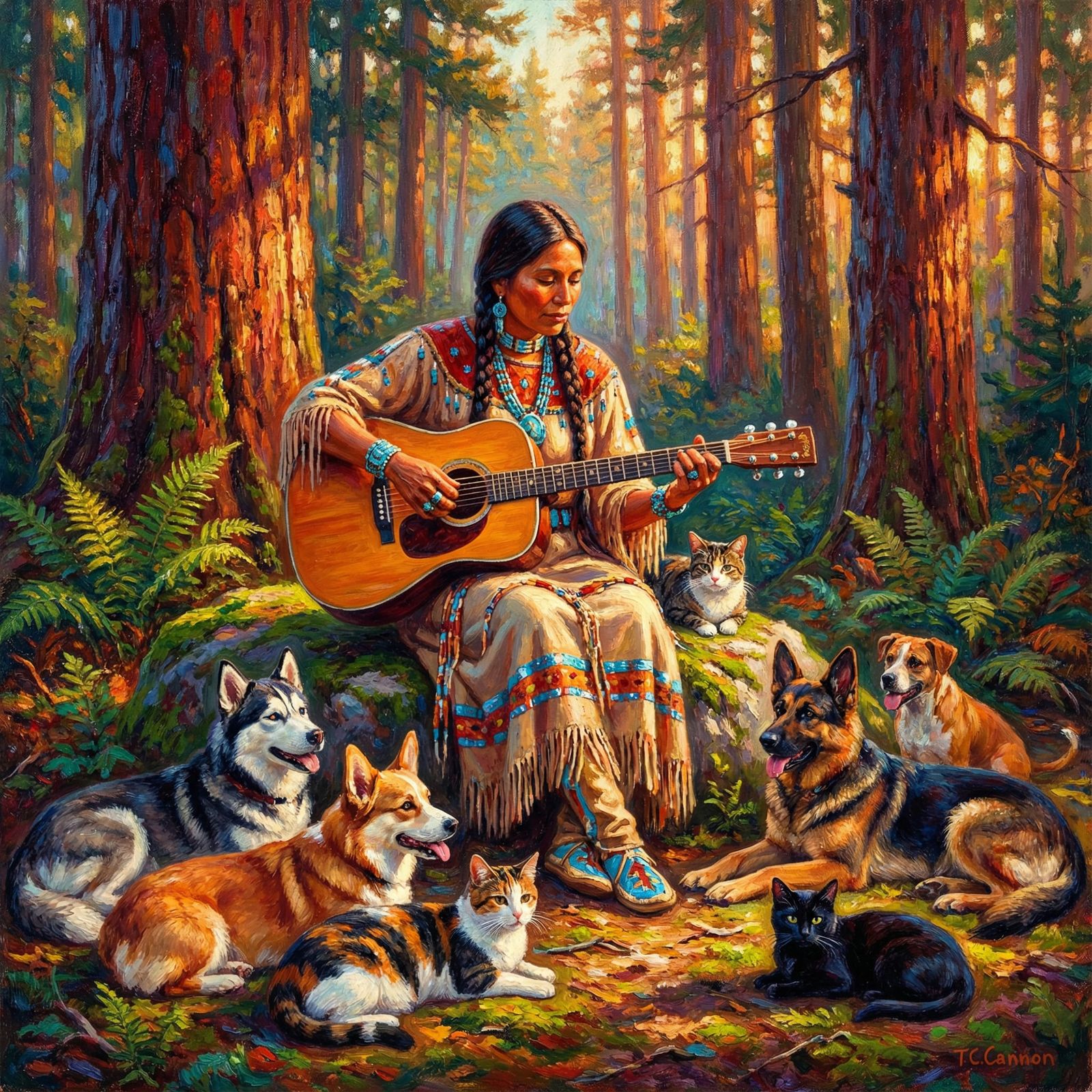 A Native American woman playing guitar with multiple dogs and cats beside her.