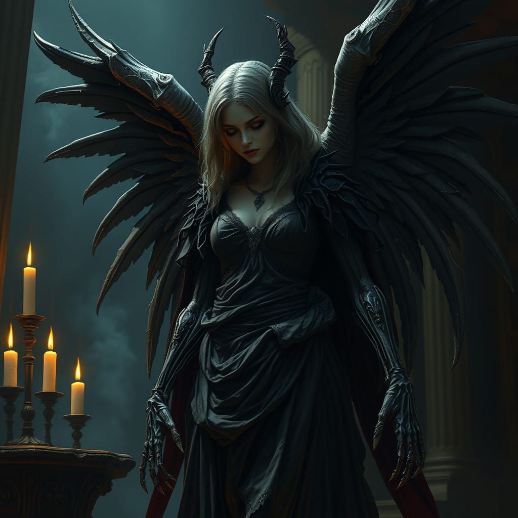 Biomechanical Angel in Dark, Hauntingly Beautiful Robes