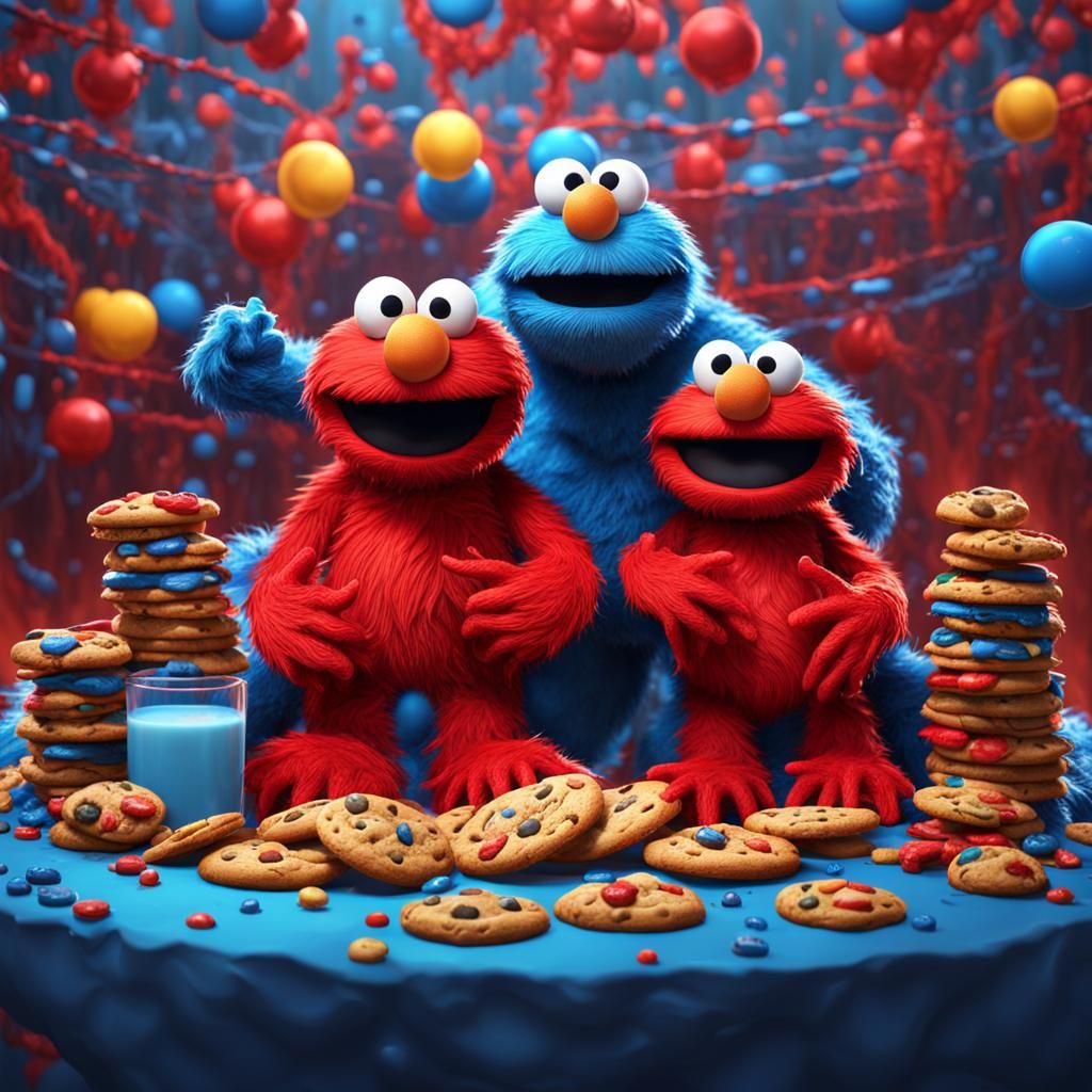Elmo and Cookie Monster in Colorful Fantasy Art