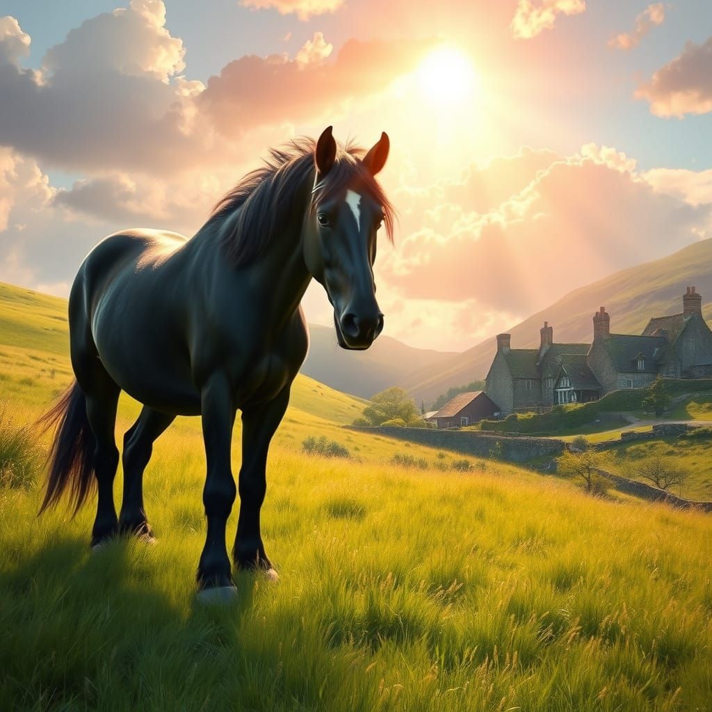 Surreal Shire Horse Grazes in Lush Scottish Meadowlands