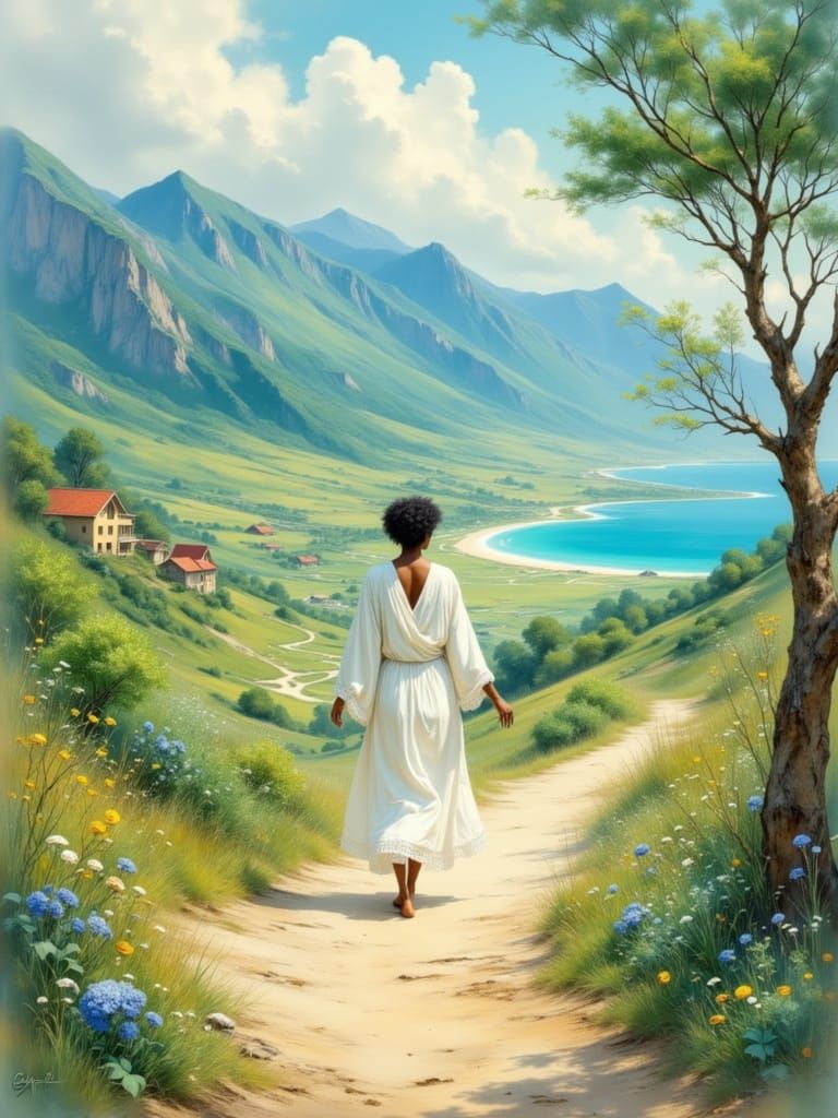 Zimbabwean Woman in Dreamy Landscape, Digital Art