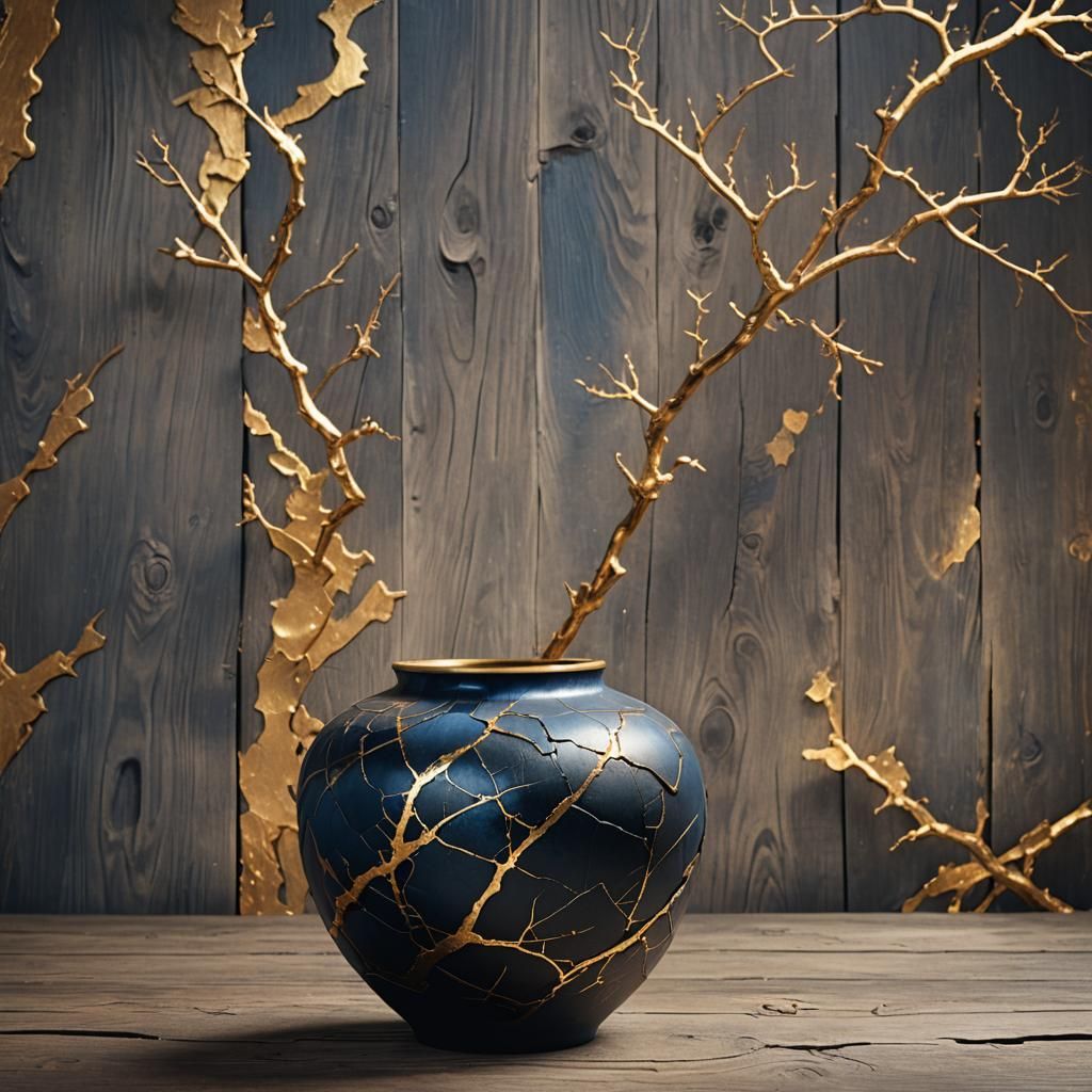 Black Kintsugi Vase with Gold Seams: Matte Painting