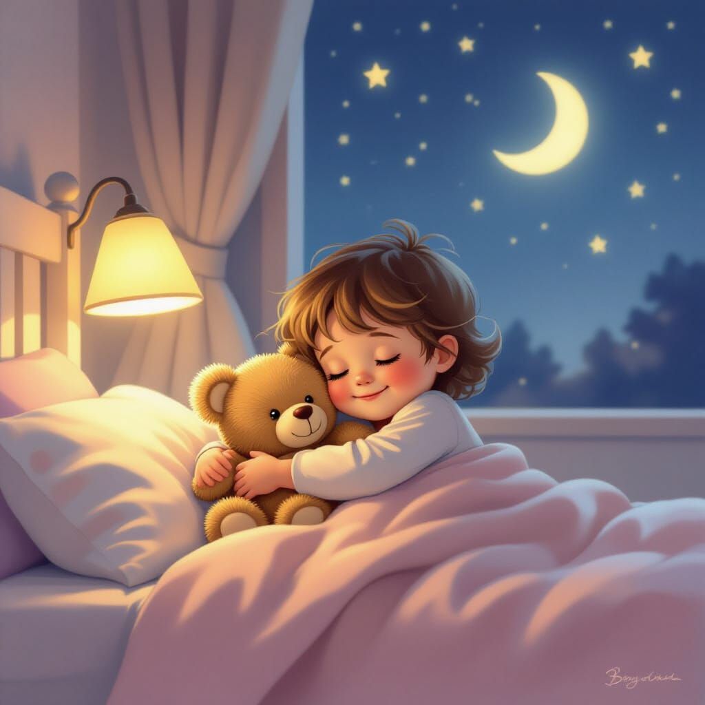 Child Hugs Teddy Bear Under Starry Night Sky