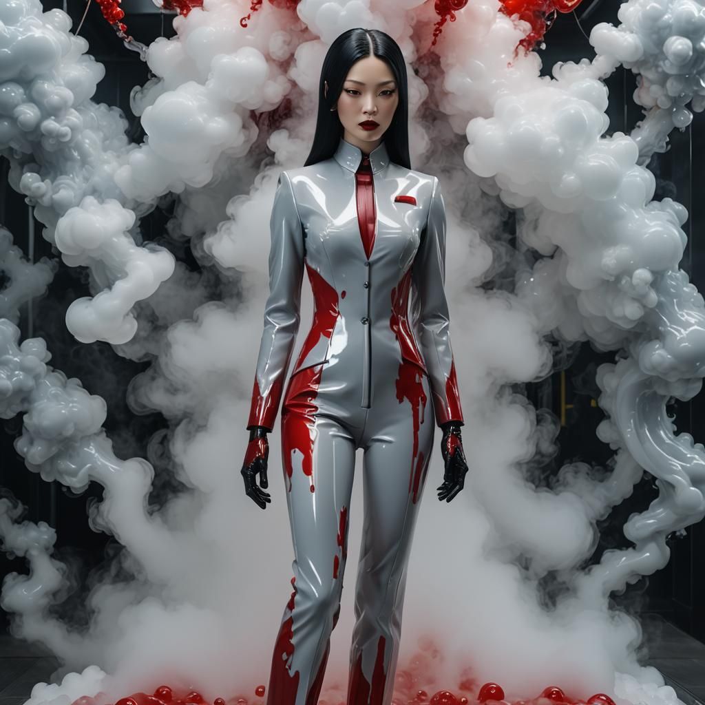 Elegant Japanese Mannequin in Red Latex Suit