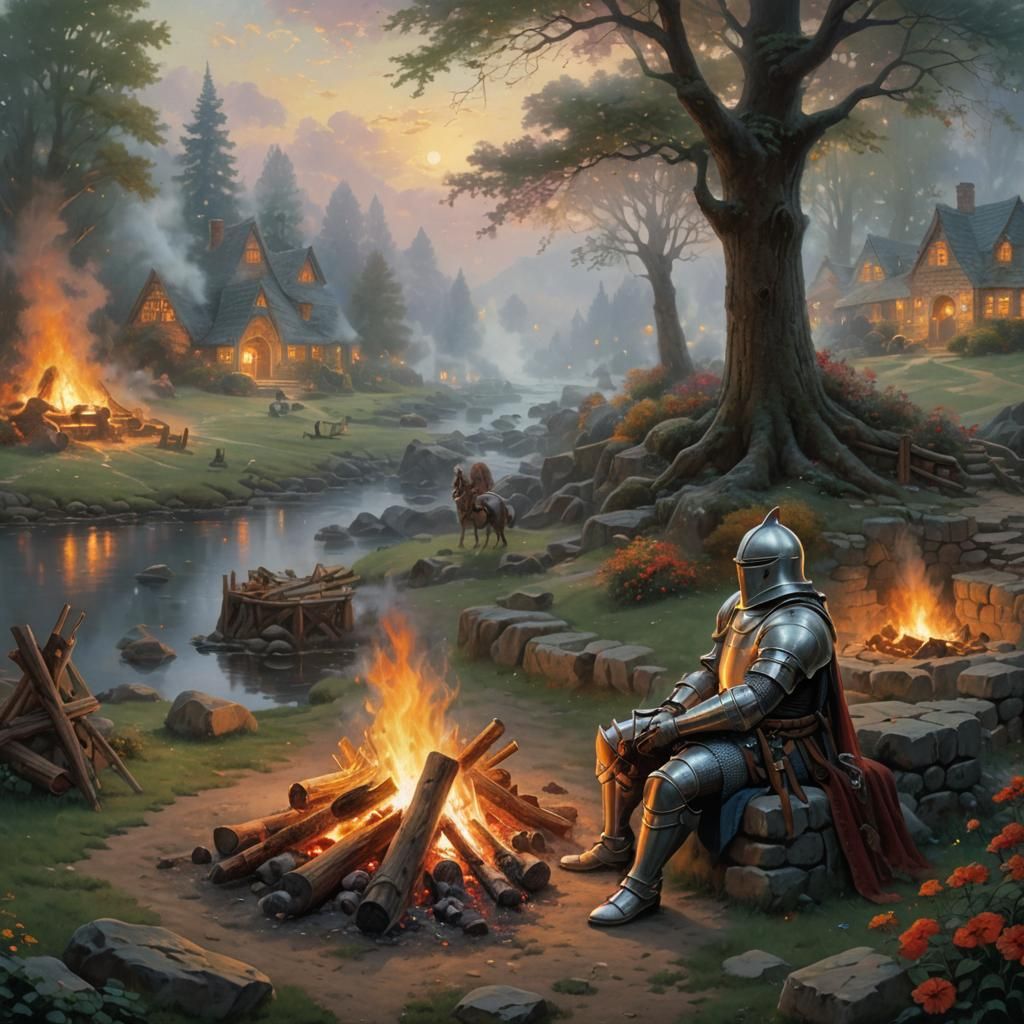 Knight Resting by Bonfire in Ethereal Fantasy Style