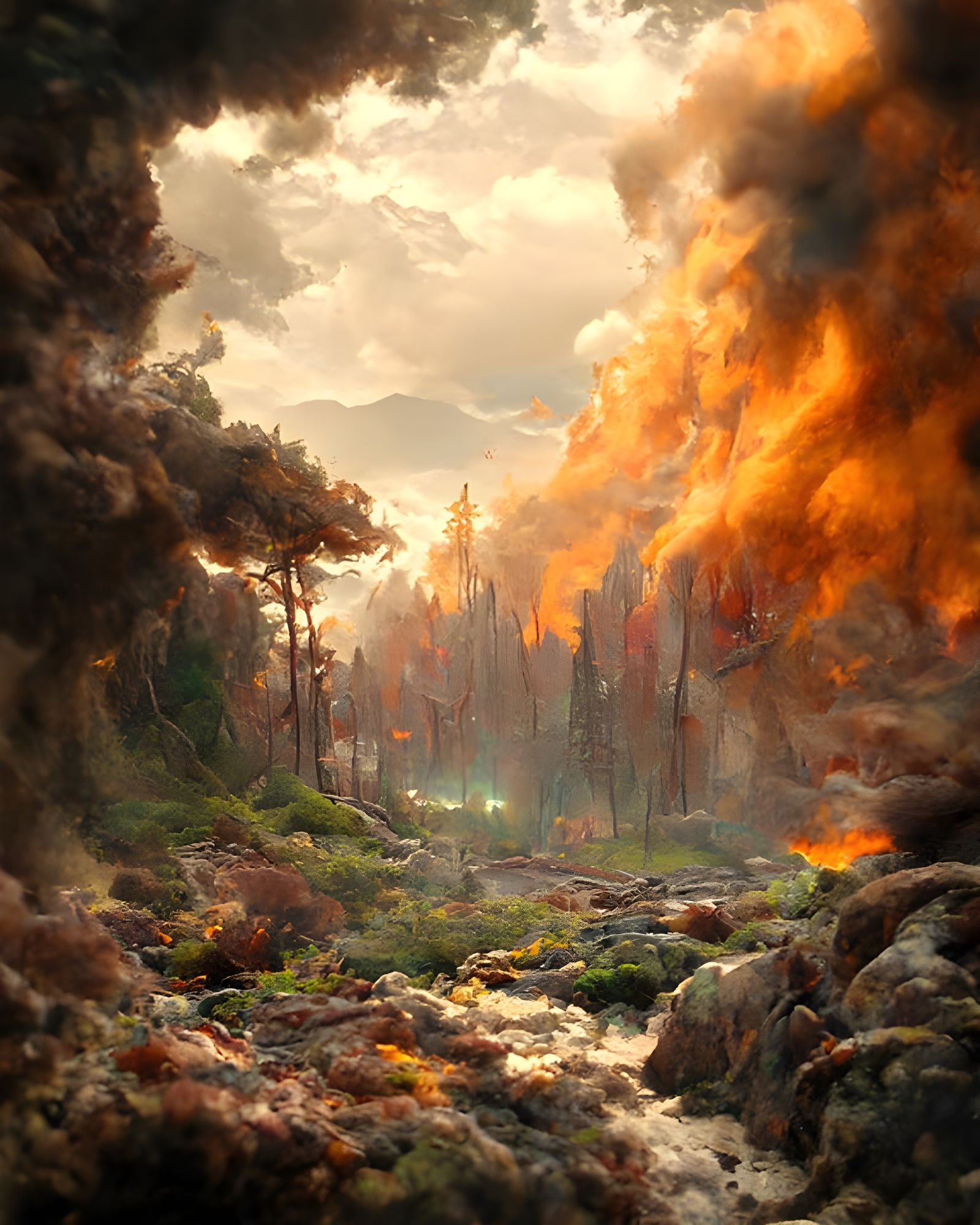 Inferno: Mountain Forest Fire in Romantic Style