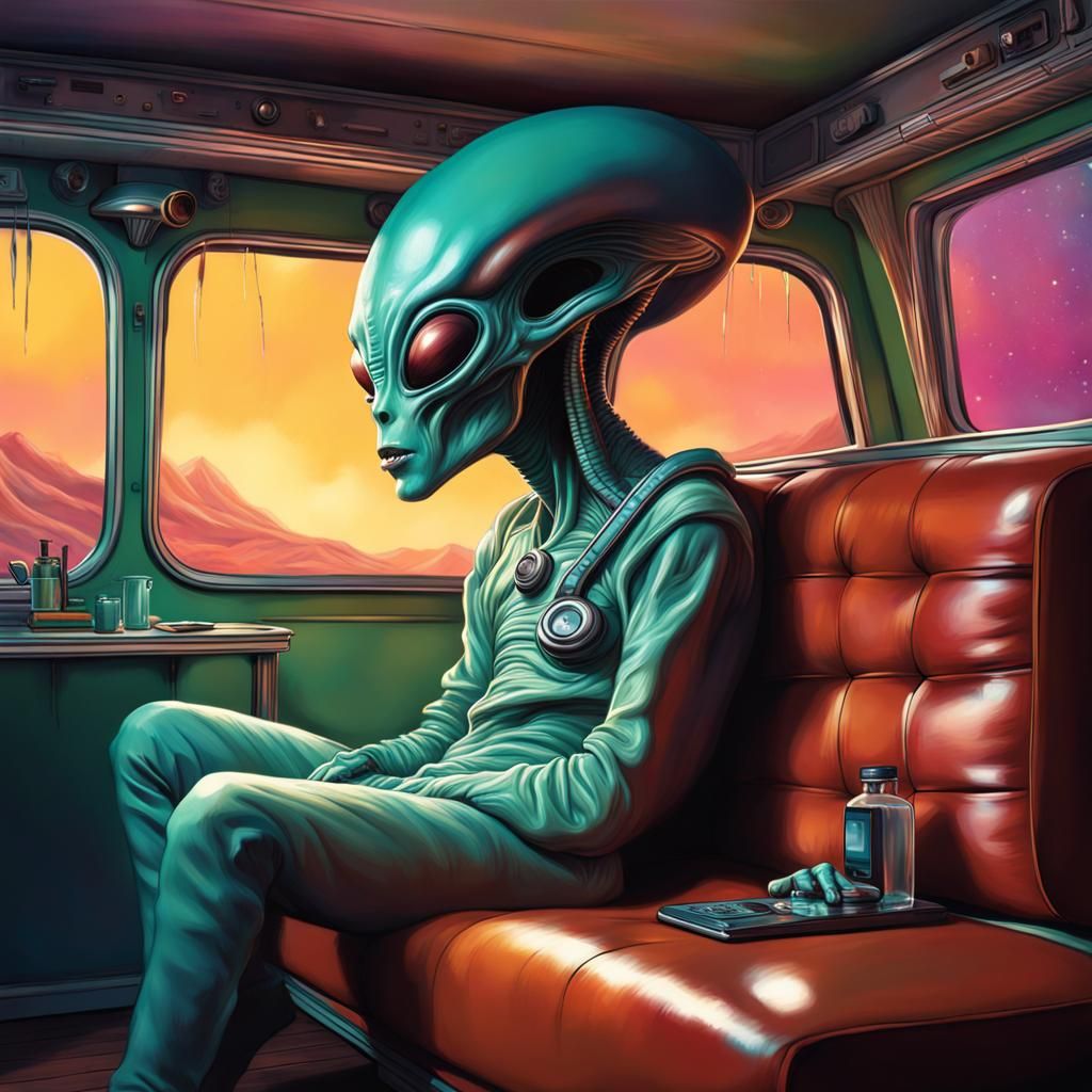 Alien Watching TV in Retro Caravan: Hyperrealistic Art
