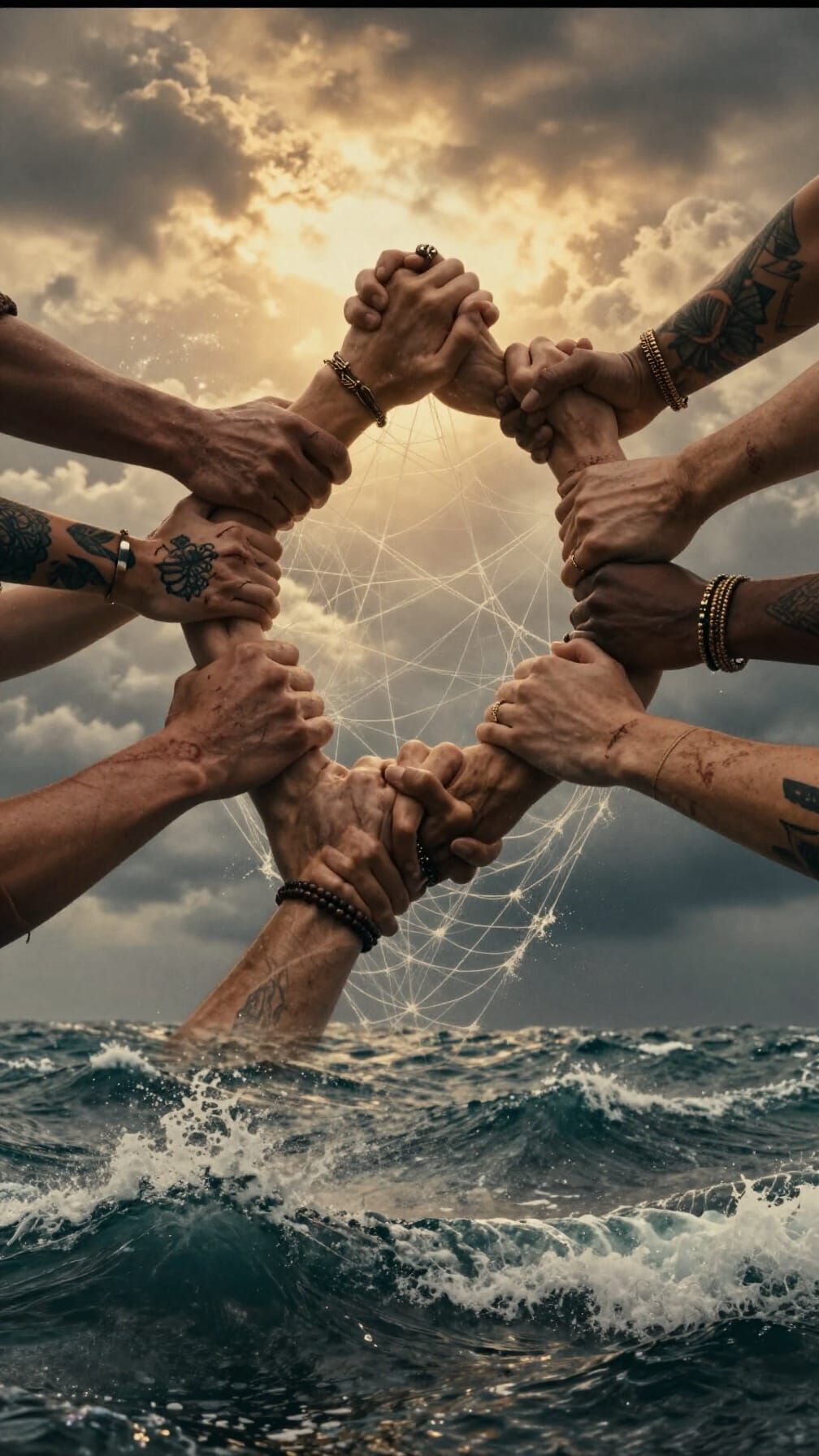 Unity in Diversity: Hands in Ethereal Web Over Stormy Seas