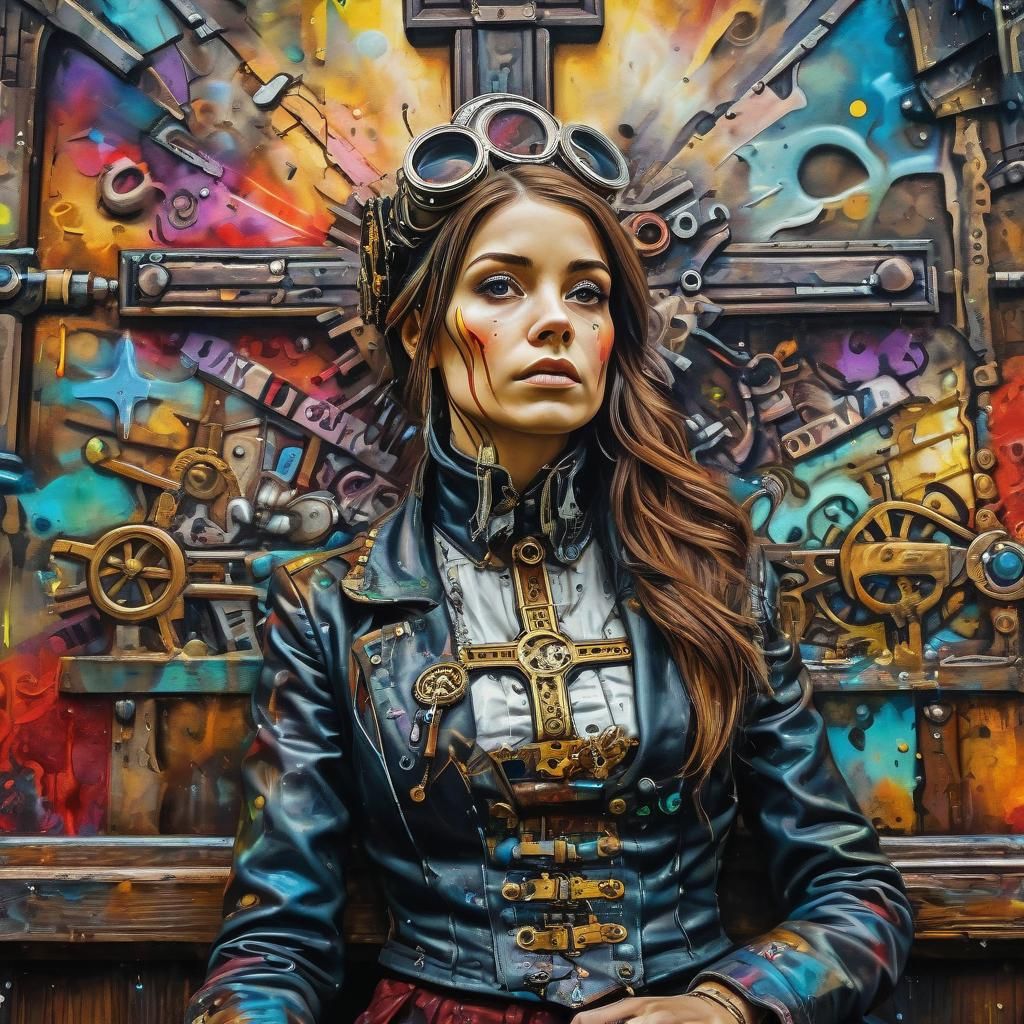 Steampunk Woman in Graffiti Art Church Scene