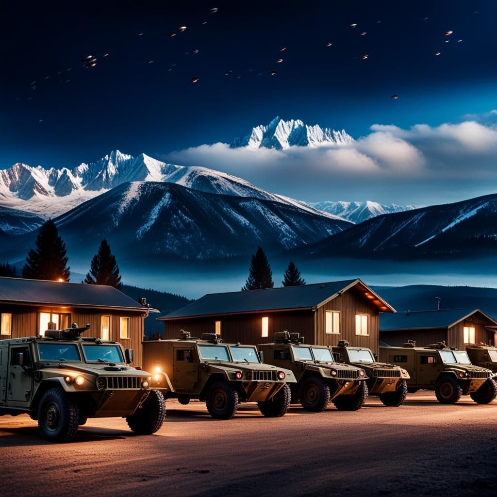 Army Vehicles in Attack Formation: Cinematic Still