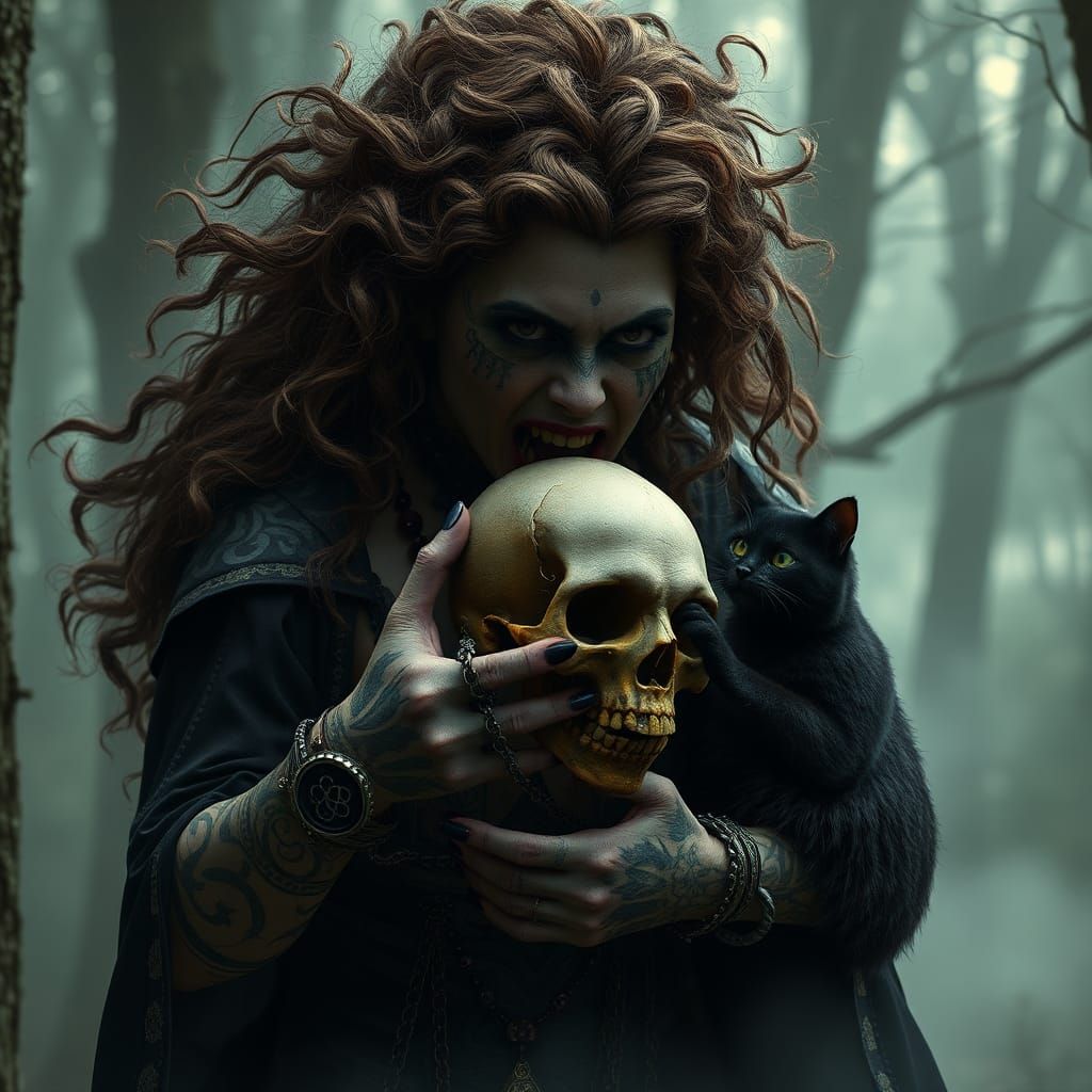 Enraged Witch with Cat in Dark Fantasy Forest