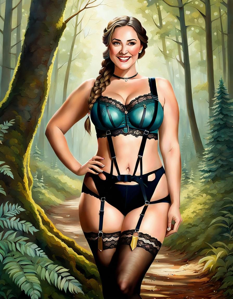 Enticing Woman in Forest, Oil Painting Style