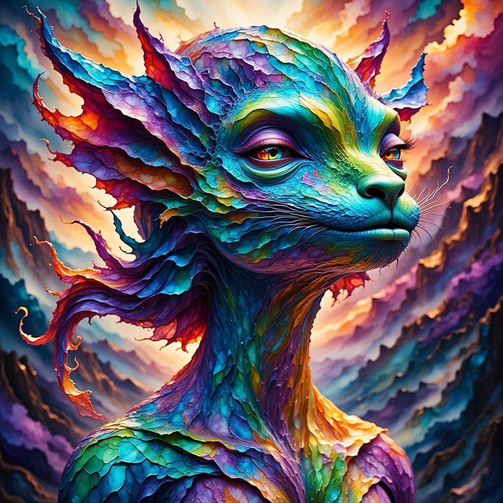 Origami Animal Portrait in Fantasy Ink Style