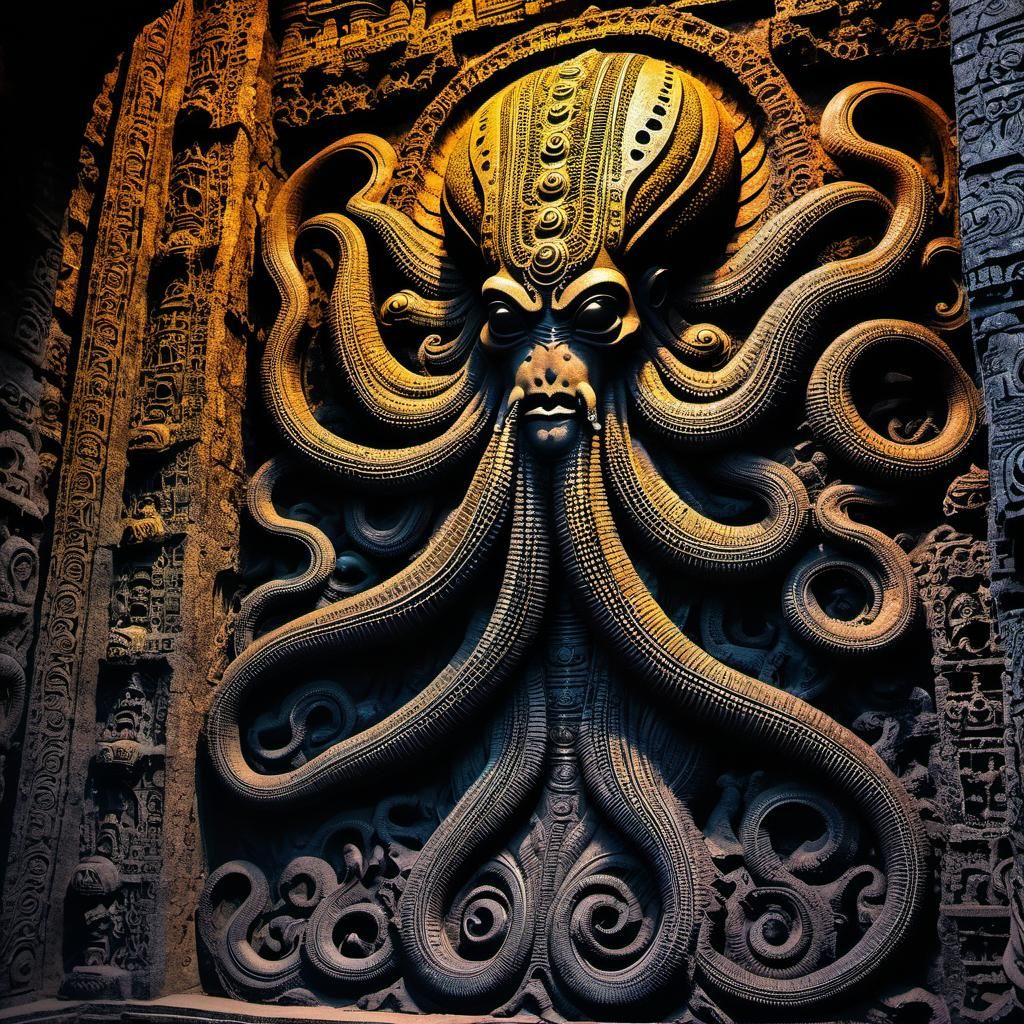 Colossal Xenomorph Cthulhu Painting on Temple Wall