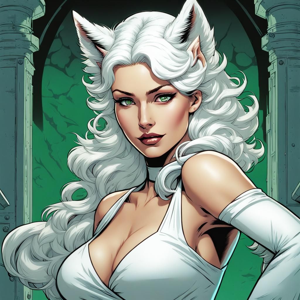 White-Haired Woman with Wolf Ears in Pinup Style