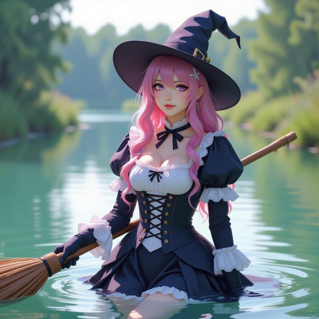 Witch with Pink Hair and Hourglass Figure Posing with Brooms...
