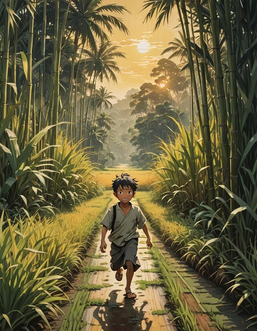 Boy in Rice Field: Anime Cinematic Oil Painting