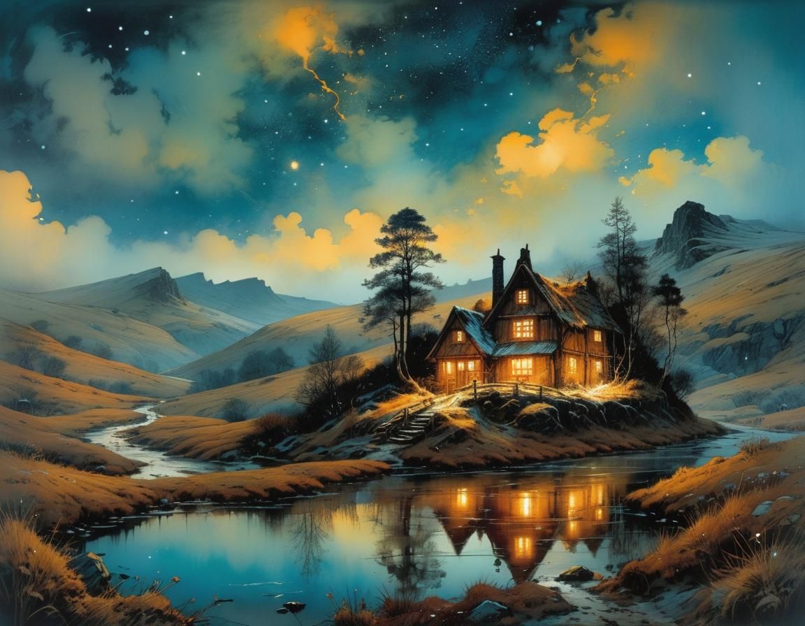 Snowy Valley Sanctuary Lit by Moonlight