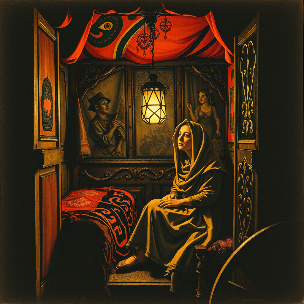 Ornate Gypsy Wagon Interior in Charcoal Style