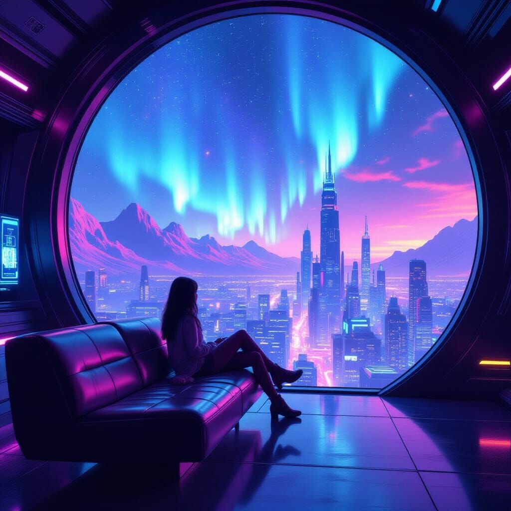Cyberpunk Girl in Neon Cityscape Dreamcore Style