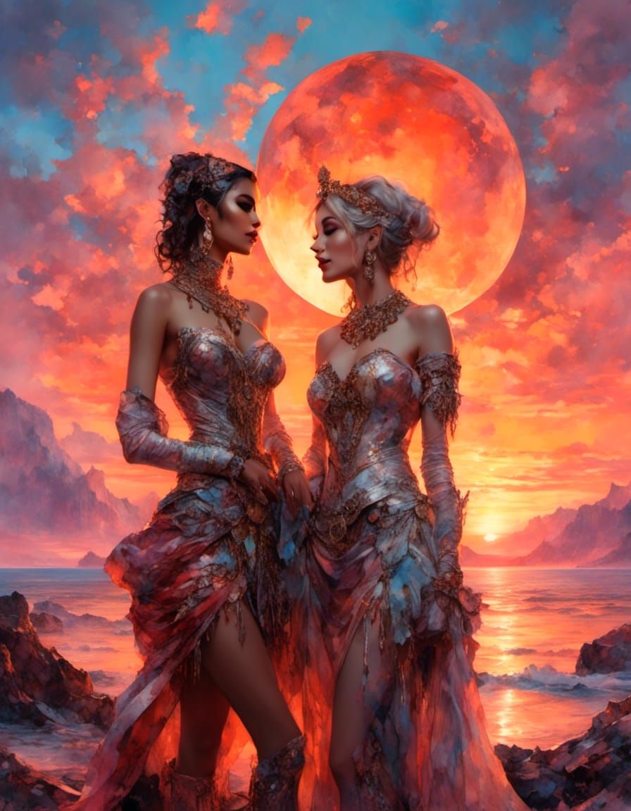 Romantic Lesbian Couple's Portrait at Sunset