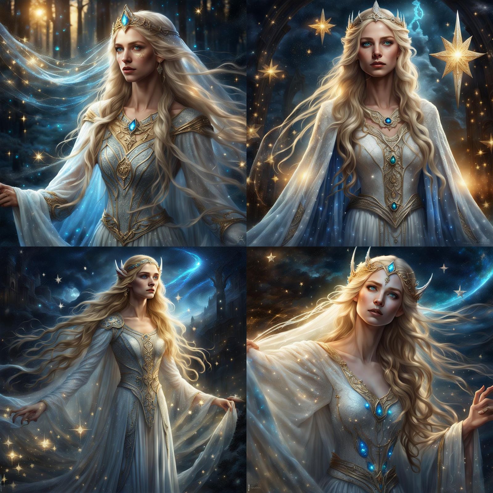 Elegant Elf with Golden Hair and Flowing Dress